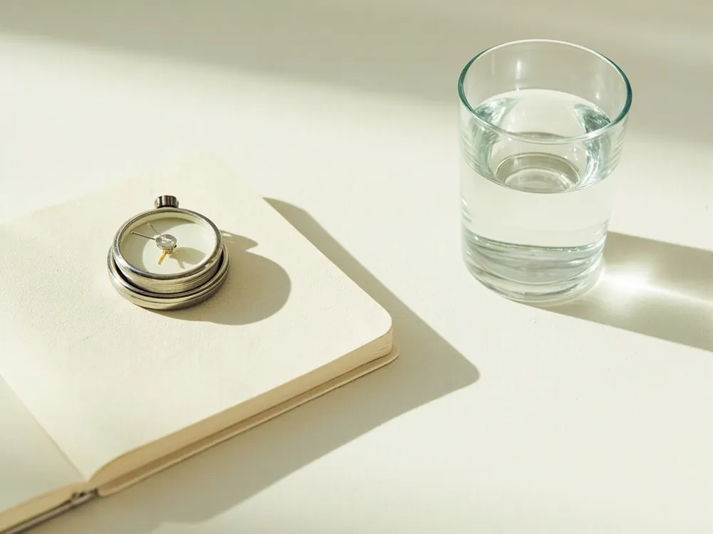 an analogue kitchen timer on a pale surface beside a closed notebook and a glass of water